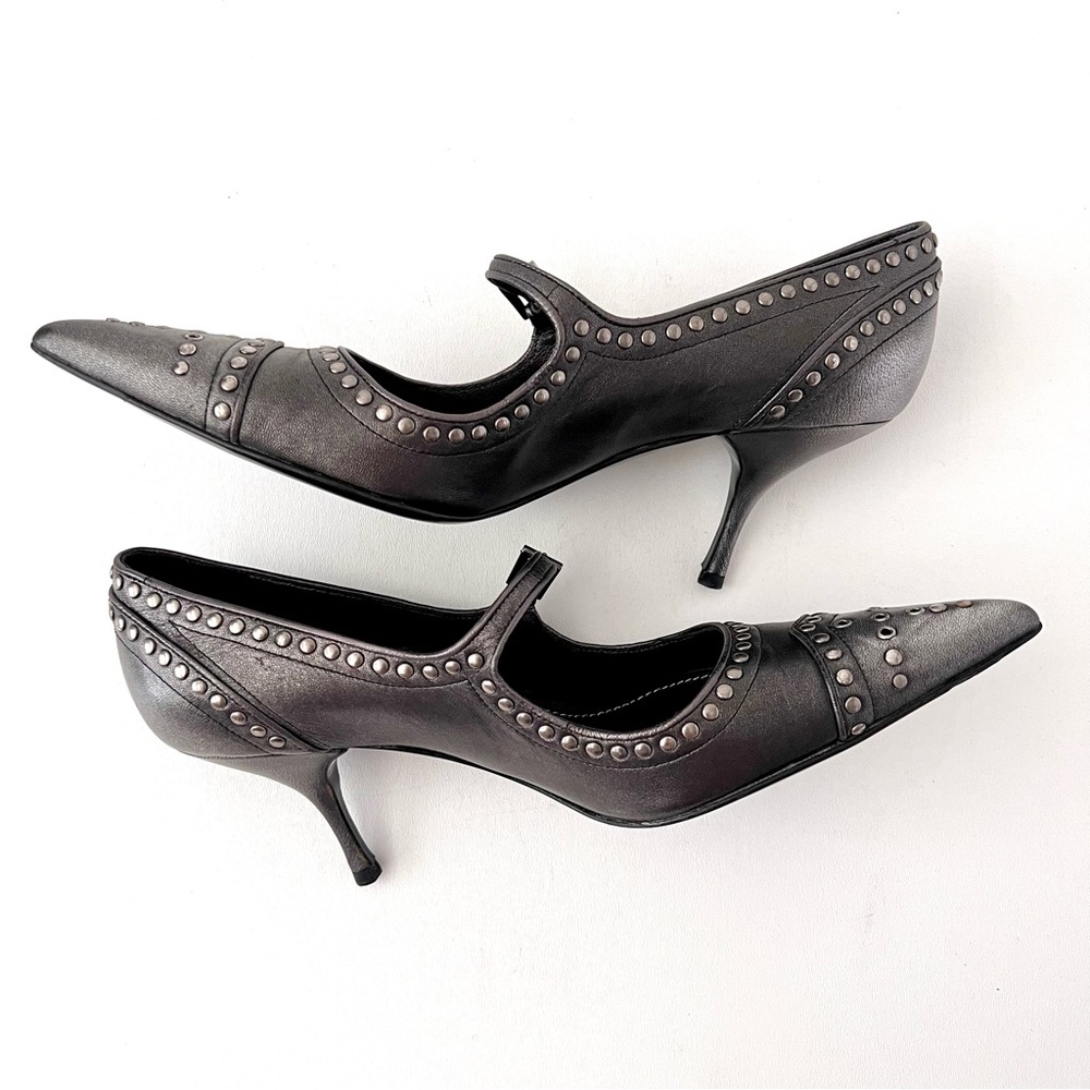 New PRADA | Dark Gray Metallic Studded Mary Jane Pointed Pumps Heels EU 38 New - Picture 7 of 15